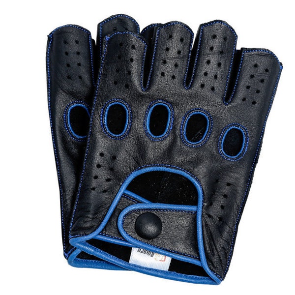 Mens Leather Reverse Stitched Fingerless Half-Finger Driving Motorcycle Gloves - Black/Blue