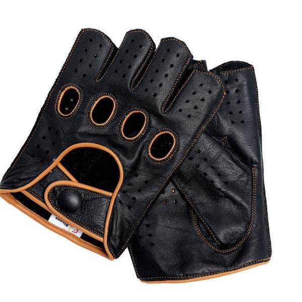 Mens Leather Reverse Stitched Fingerless Half-Finger Driving Motorcycle Gloves - Black/Cognac