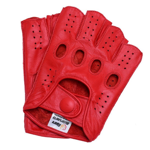 Women Leather Reverse Stitched Fingerless Half-Finger Driving Motorcycle Gloves - Red