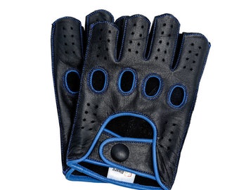 Mens Leather Reverse Stitched Fingerless Half-Finger Driving Motorcycle Gloves - Black/Blue