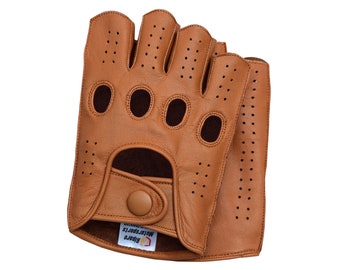 Mens Leather Reverse Stitched Fingerless Half-Finger Driving Motorcycle Gloves - Congac