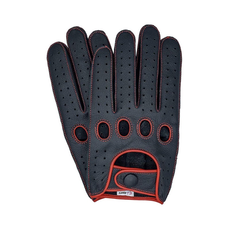 Men's Reverse Stitched Leather Driving Gloves Black/Red Thread