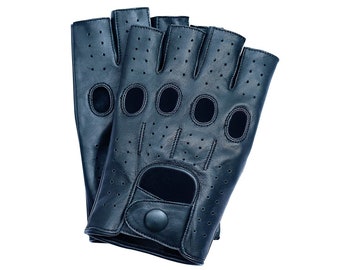 Mens Leather Fingerless Half-Finger Driving Motorcycle Gloves - Black