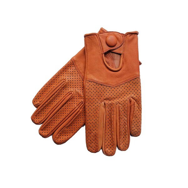 Women's Genuine Leather Full-finger Mesh Driving Gloves - Cognac