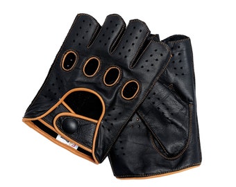 Women's Leather Reverse Stitched Fingerless Half-Finger Driving Motorcycle Gloves - Black/Cognac