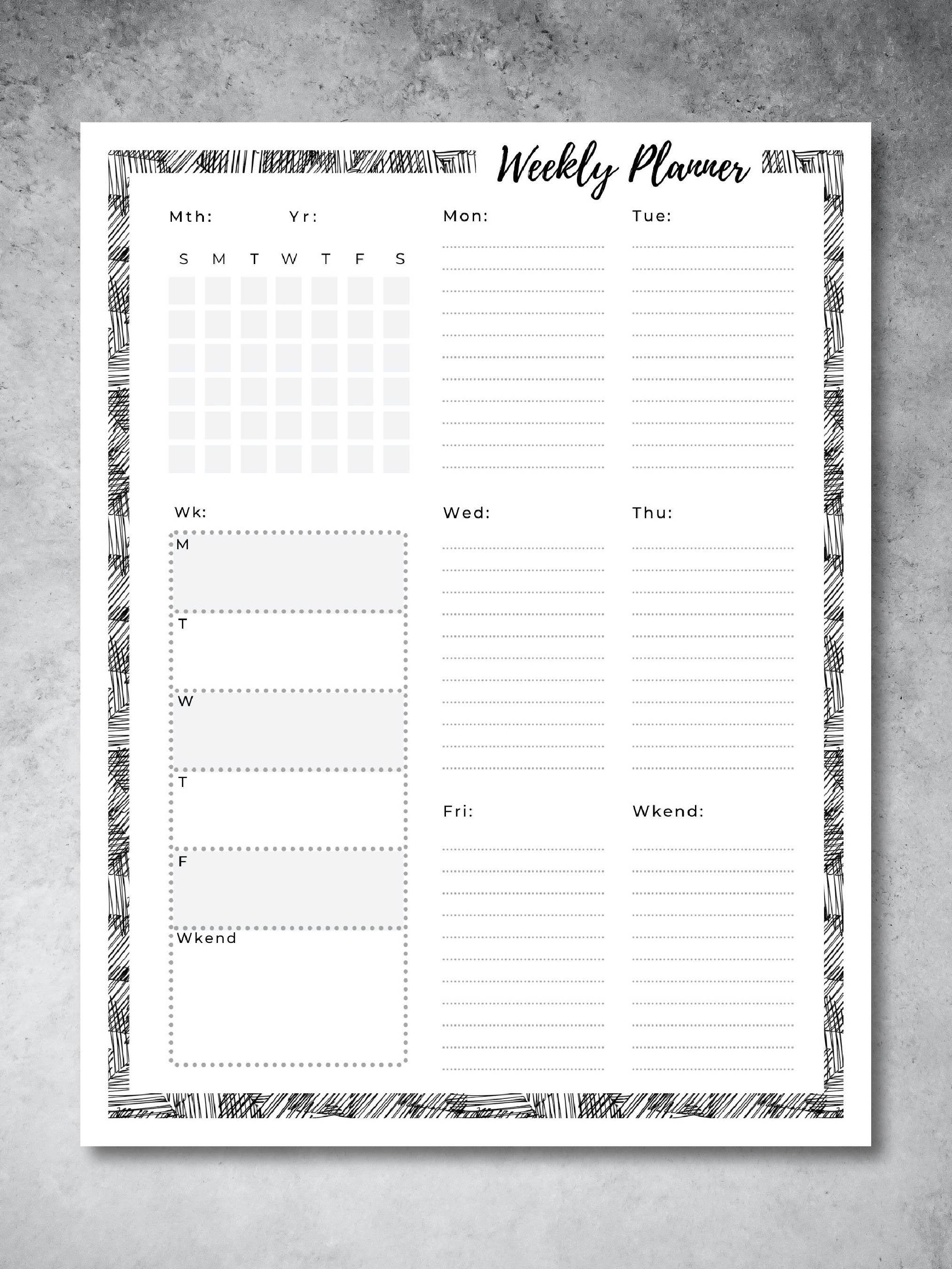 weekly one page planner printable calendar notes daily etsy