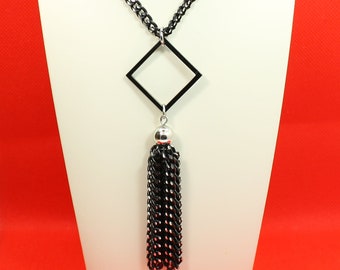 Unique Modern Design Black and Silver Tone 28 inch Necklace and Pendant