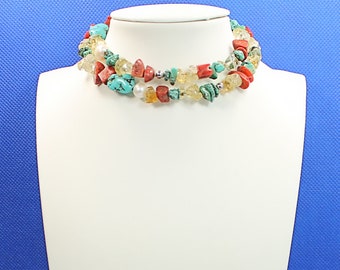 Tribal-Inspired Multi-Colored Turquoise, Brown and Clear  Beaded Self Adjusting Necklace