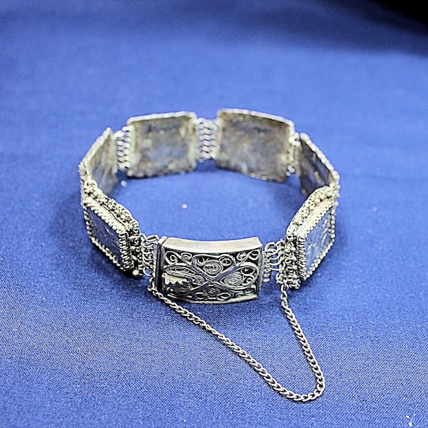 One of a Kind Vintage Handcrafted Oriental Design Sterling Silver Bracelet