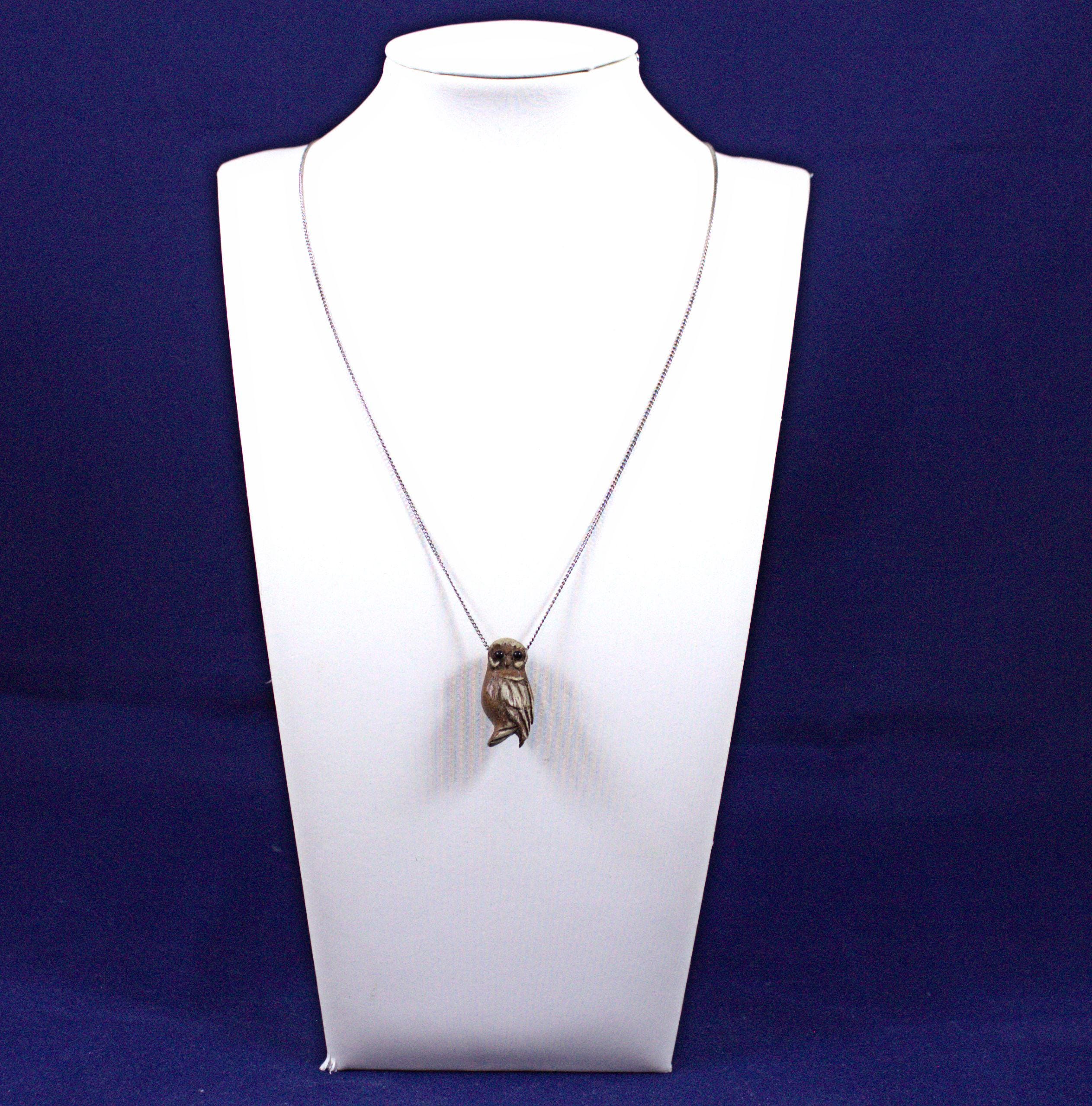 Unique BROWN OWL Pendant on 24 inch Sterling Silver Curb Chain Necklace