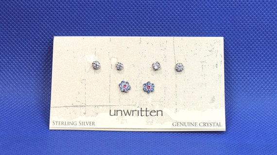 Stunning 3 Pairs Sterling Silver Crystal Stud Ear… - image 1