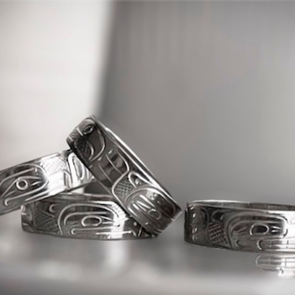 Anillos/bandas de plata, anillos tallados nativos indígenas, joyería canadiense, anillo de plata maciza, animales espirituales, joyería indígena, anillos unisex