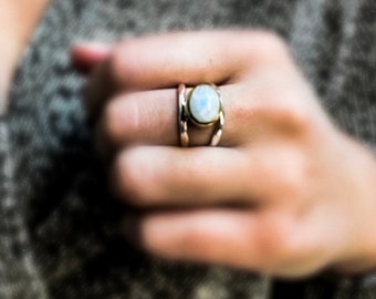 moonstone ring - hammered silver split band with brass setting detail, rainbow moonstone ring, 925 silver & brass