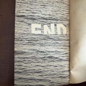 Pode incluir: Livro aberto com uma capa com uma imagem em tons de cinza de ondas do oceano. A palavra "END" est&aacute; impressa em letras brancas grandes no centro da capa. As p&aacute;ginas s&atilde;o esbranqui&ccedil;adas.