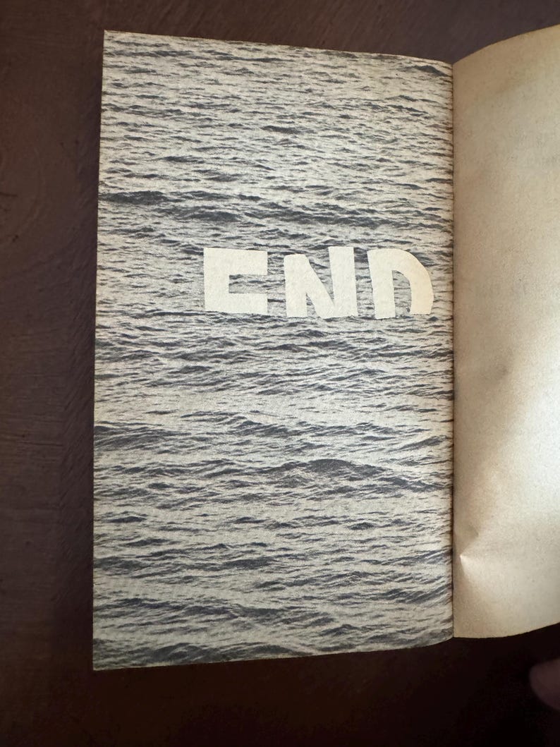 Pode incluir: Livro aberto com uma capa com uma imagem em tons de cinza de ondas do oceano. A palavra "END" est&aacute; impressa em letras brancas grandes no centro da capa. As p&aacute;ginas s&atilde;o esbranqui&ccedil;adas.