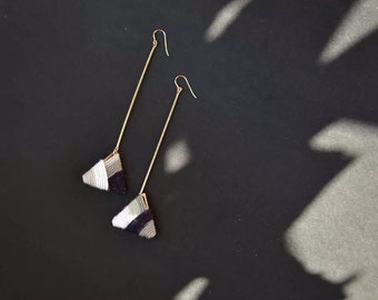 Black and White Earrings, Hand Knit Earrings, Woven Triangle Drop Earrings, Long Triangle Earrings Drop, Long Geometric Earrings Triangles