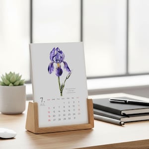 Botanisk skrivbordskalender 2026 – 5x7 akvarellblommor och blommönster med trästaffi | Julklapp i julklapp till henne