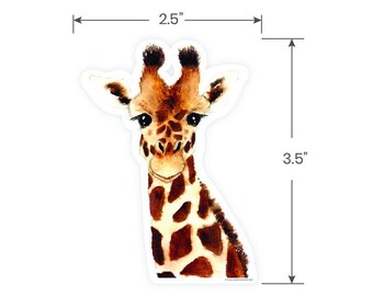 May include: A watercolor illustration of a giraffe's head and neck. The giraffe is brown and white with a spotted pattern. The giraffe is looking directly at the viewer. The image is 3.5 inches tall and 2.5 inches wide. The word "GIRAFFE" is printed below the image.