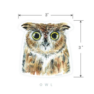 May include: A watercolor illustration of an owl with large, round, yellow eyes. The owl is brown and white with a detailed pattern of feathers. The image is 3 inches by 3 inches.