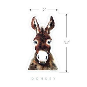 May include: A watercolor illustration of a donkey's head with brown fur and a white muzzle. The donkey is looking directly at the viewer. The image is 3.7 inches tall and 2 inches wide.