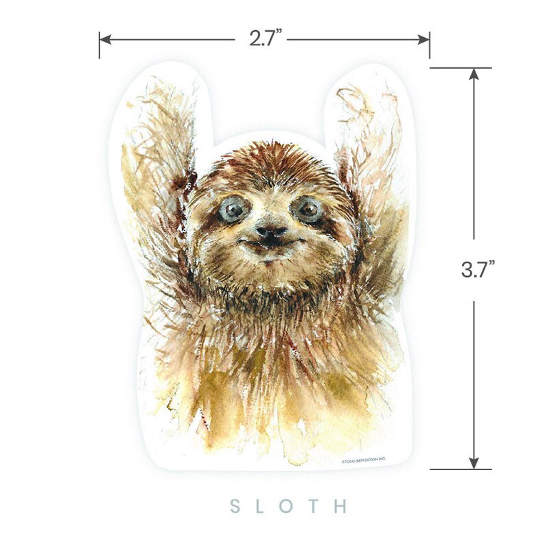 May include: A watercolor illustration of a sloth with its arms raised, printed on a white sticker. The sticker is 3.7 inches tall and 2.7 inches wide. The sloth is brown with a light brown face and has a cute expression.