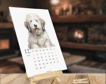 2024 Monthly Dogs Desk Calendar 5x7 Watercolor Dog portrait paintings Art Holiday Xmas Stocking New Year Gift with Wooden Clipboard Easel