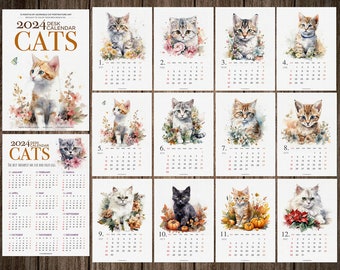 2024 Monthly Cats Desk Calendar 5x7 Watercolor Cats Holiday Xmas Stocking New Year Gift with Wooden Clipboard Easel chic home office decor