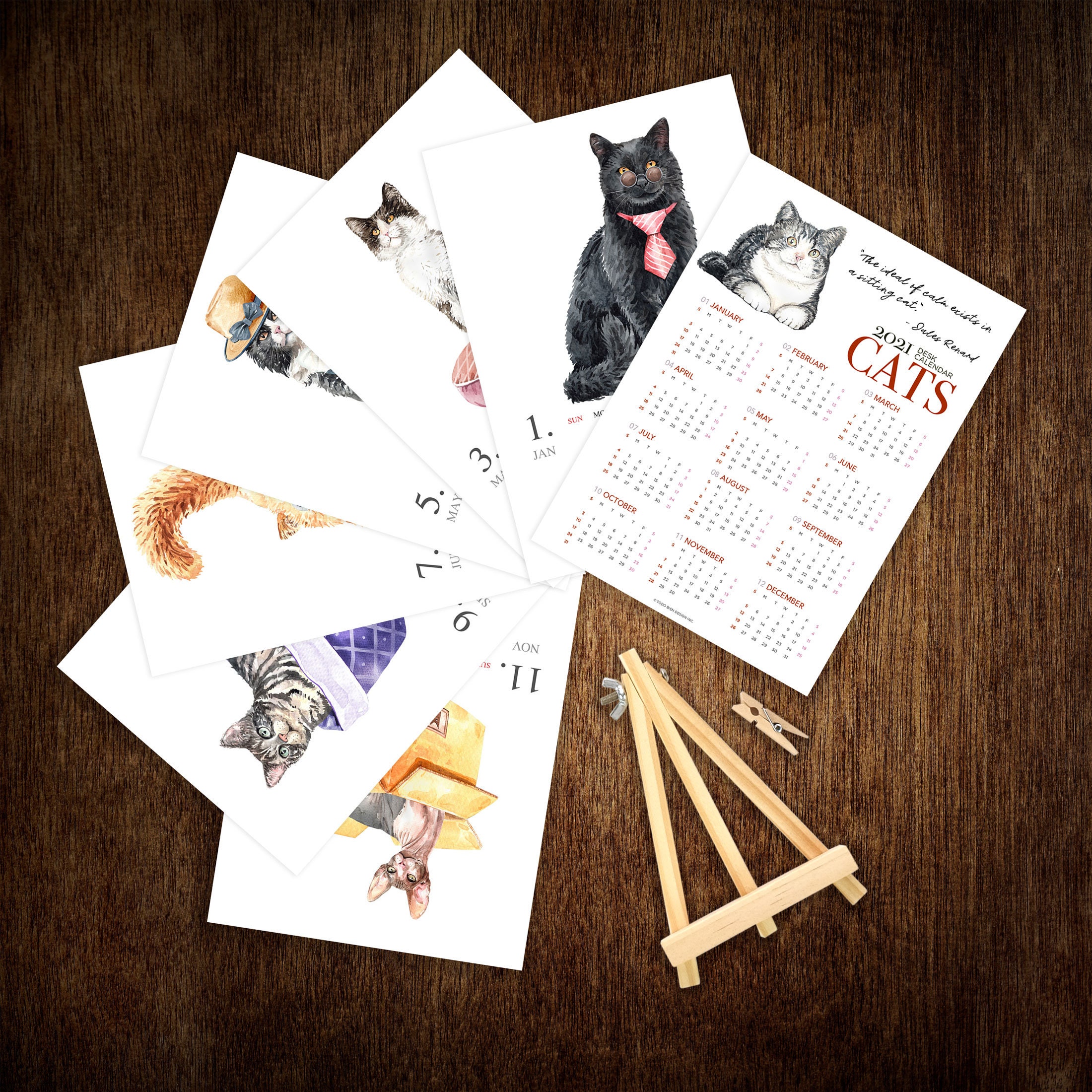 2021 Monthly Cats Desk Calendar 5x7 Watercolor Cats Holiday Etsy