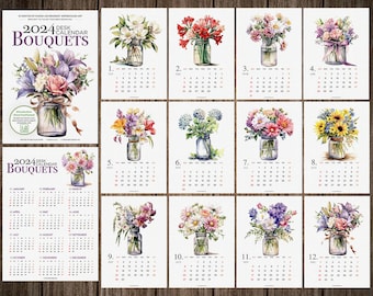 2024 Monthly Botanical Desk Calendar 5x7 Watercolor Flowers Florals Holiday Xmas Stocking New Year Gift with Wooden Clipboard Easel