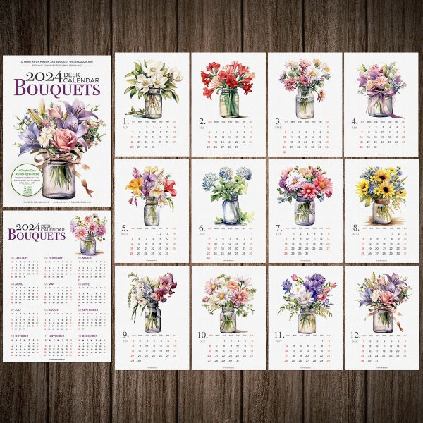 2024 Monthly Botanical Desk Calendar 5x7 Watercolor Flowers Florals Holiday Xmas Stocking New Year Gift with Wooden Clipboard Easel