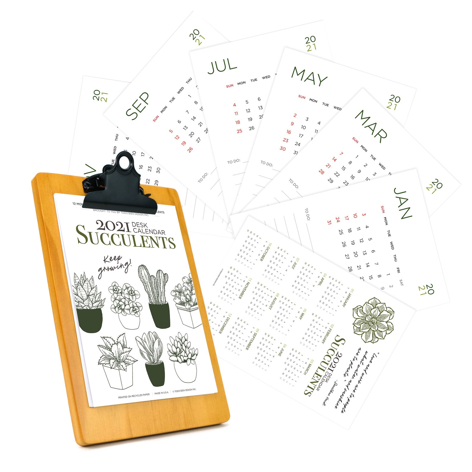 2021 Succulent Plant Desk Calendar with Wooden Clipboard Stand Etsy