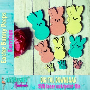May include: A digital download SVG file for laser cutting or printing Easter bunny peep earrings. The image shows multiple colorful bunny shapes in pink, yellow, and blue.
