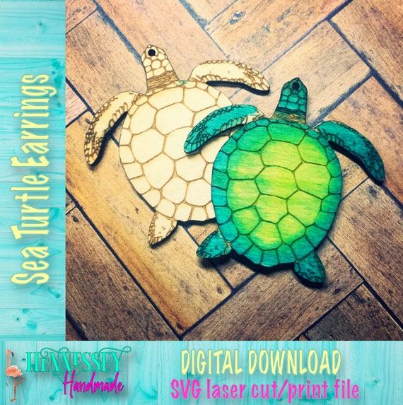 Hand Drawn Sea Turtle Earrings, SVG Laser Cut File Glowforge