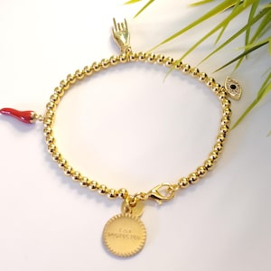 Gold Cornicello Charm Bracelet: Italian Horn, Mano, Malocchio, Sterling Silver Beaded