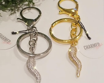 Cornicello, Italian Lucky Horn, Cubic Zirconia Keychain/bag charm