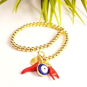 Italian Horn Charm Bracelet: 14k Gold Plated Sterling Silver Beaded Cornicello