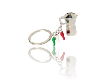 Cornicello, Italian Flag, Espresso Maker Silver Keychain