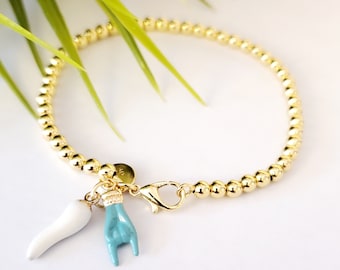 Gold Plated Sterling Silver Cornicello Bracelet, Lucky Horn Hand