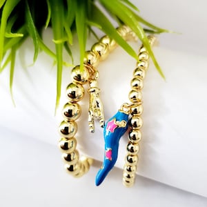 Cornicello, Italian Lucky Horn, Mano Cornuto, Horned Hand Charmed on Hematite Stone Bracelet