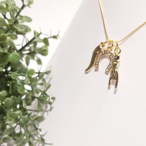 Mano Cornuto, Horned Hand, Cornicello Lucky Italian Horn and Horseshoe on a 0.7 mm Sterling Silver 18K Gold plated Box Chain Necklace