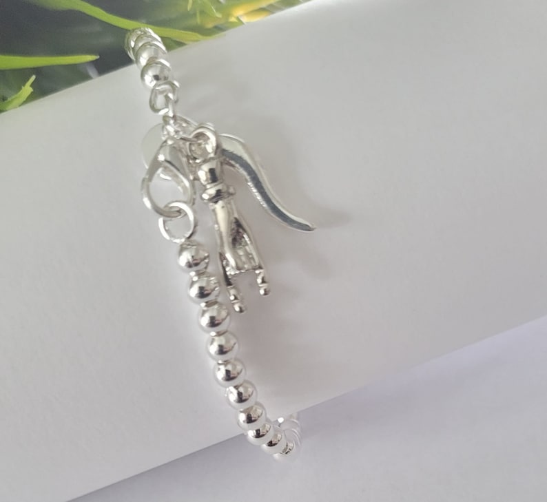 Cornicello, Lucky Italian Horn, Mano Cornuto, Horned Hand Charm on Sterling Silver 4mm Beaded Bracelet image 8