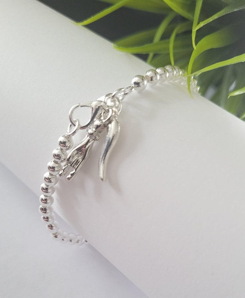 Cornicello, Lucky Italian Horn, Mano Cornuto, Horned Hand Charm on Sterling Silver 4mm Beaded Bracelet image 1