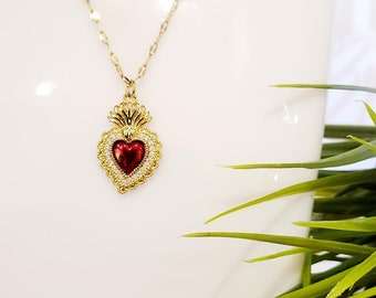 Sacred Heart Charm on a Stainless Steel Gold 18" Cable chain Necklace