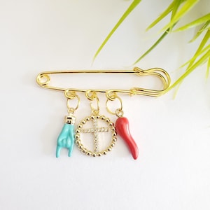 Protection Pin, Mano Cornuto, horned hand Cornicello, Italian horn, and Cross