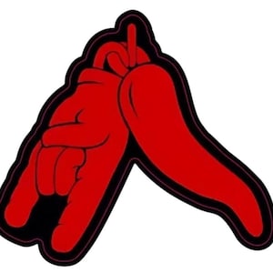Könnte beinhalten: Eine rote Cartoon-Handgeste mit schwarzem Umriss und rosa Rand. Die Hand macht ein Rock'n'Roll-Zeichen mit Zeige- und kleinem Finger ausgestreckt, Daumen und andere Finger gekrümmt.