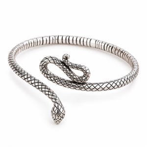 May include: A silver-toned metal bracelet shaped like a coiled snake. The body of the snake features a textured, cross-hatched scale pattern throughout, with a smooth, pointed head and a curved tail end that overlaps the main circular band.