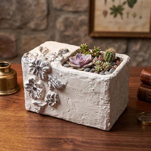 Pot de fleurs rustique en pierre fait main à motif floral | Pot à succulentes en plâtre style shabby chic, tasse de bureau vintage blanche et porte-brosse à maquillage