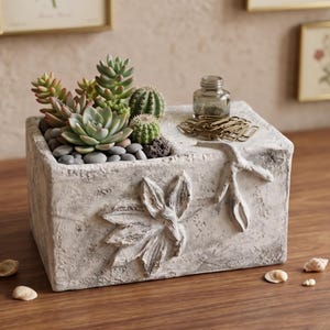 Pot de fleurs et pot de bureau rustiques en pierre faits main | Pot à succulentes vintage avec relief libellule et feuilles, porte-brosse à cheveux en plâtre style cottagecore
