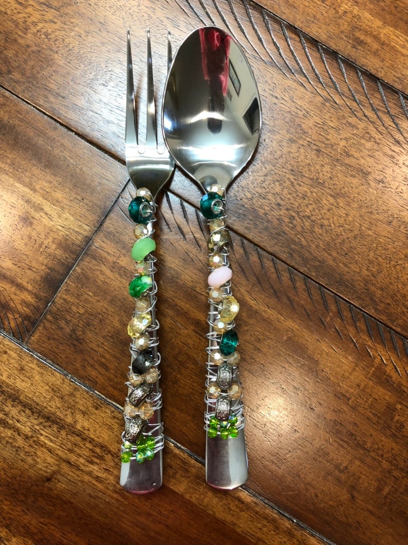 Beaded Spoon and Fork Salad Servers Etsy