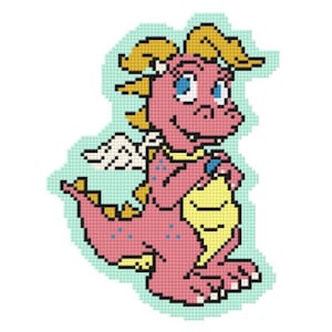 May include: A cross-stitch design of a friendly pink dragon with blue eyes, yellow horns, and white wings. The dragon is set against a light blue background, with a yellow belly and blue spots. The design has a pixelated appearance.